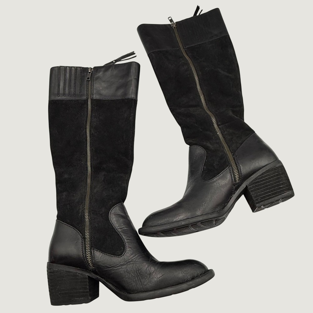 Born Uchee Black Leather Suede Tall Knee High Block Heel Boots F73809 Womens 7M